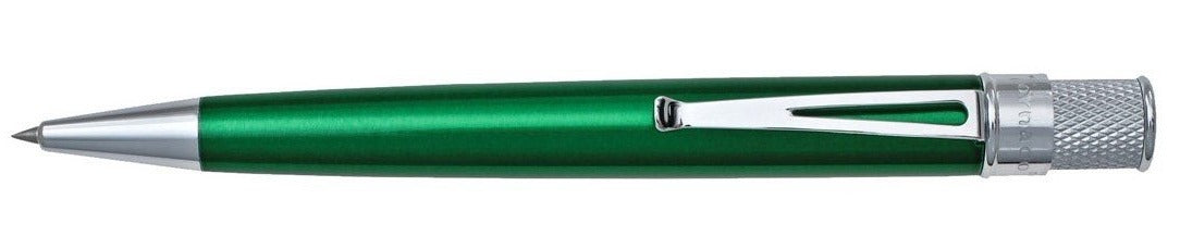Green stainless steel barrel with vibrant lacquers, knurl twist-top, packaged in pen stand