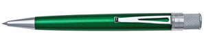 Green stainless steel barrel with vibrant lacquers, knurl twist-top, packaged in pen stand