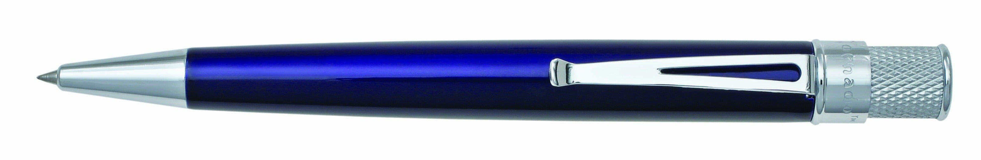 True blue stainless steel barrel with vibrant lacquers, knurl twist-top, packaged in pen stand