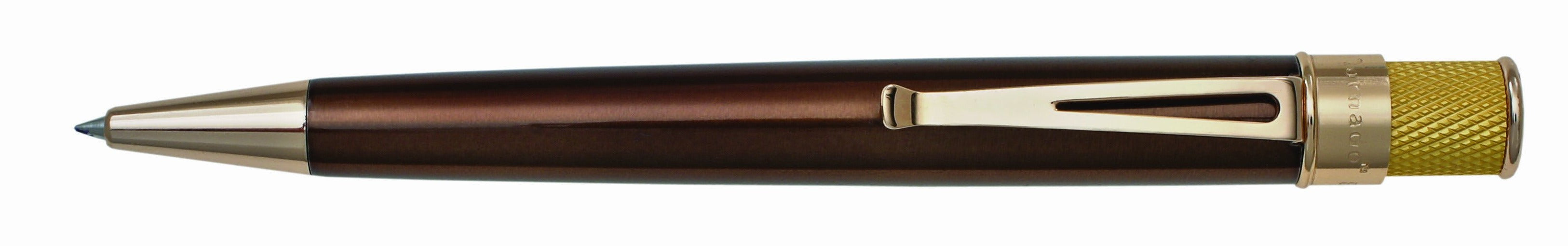 Brown stainless steel barrel with vibrant lacquers, knurl twist-top, packaged in pen stand