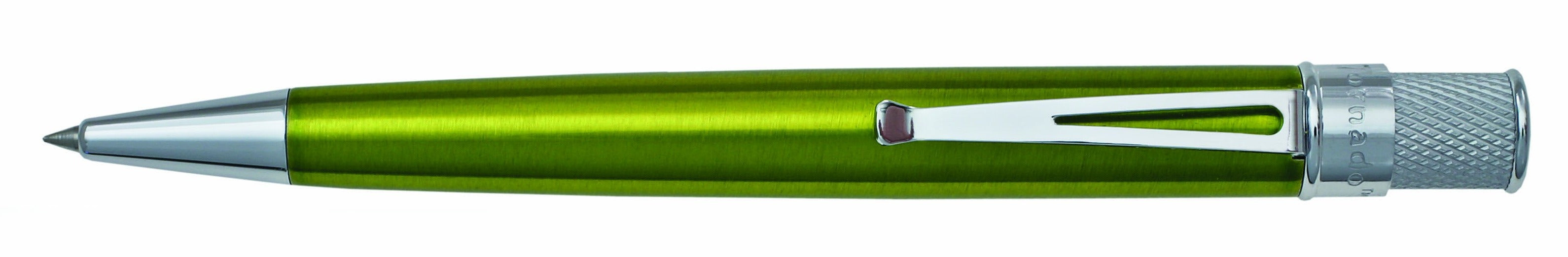 Kiwi stainless steel barrel with vibrant lacquers, knurl twist-top, packaged in pen stand