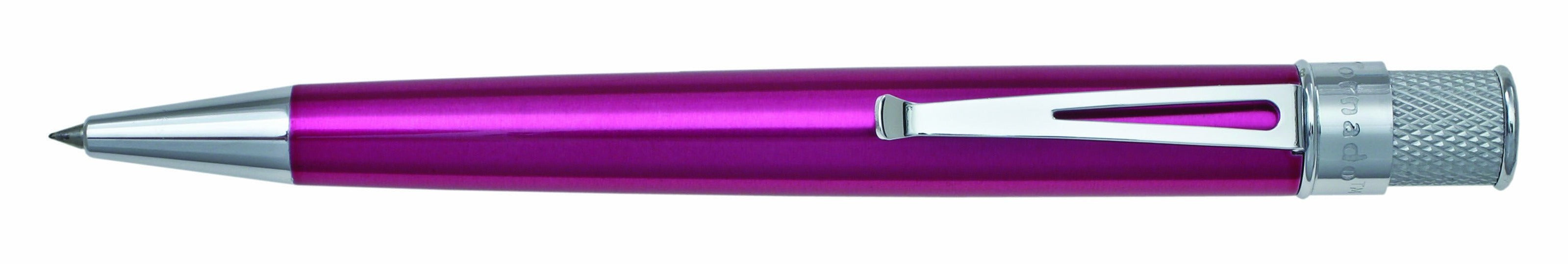 Pink stainless steel barrel with vibrant lacquers, knurl twist-top, packaged in pen stand