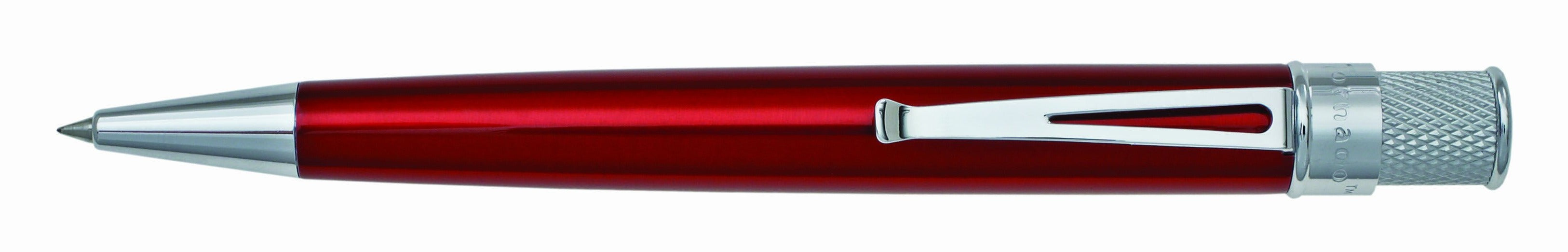 Red stainless steel barrel with vibrant lacquers, knurl twist-top, packaged in pen stand