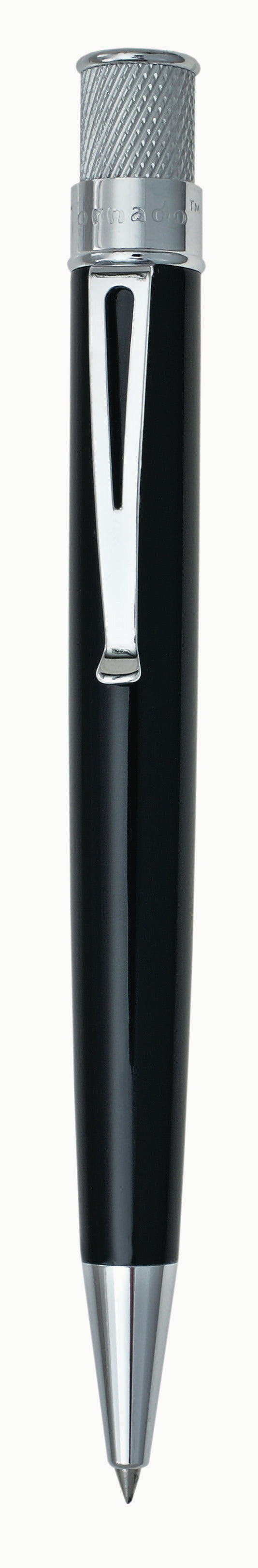 Black stainless steel barrel with vibrant lacquers, knurl twist-top, packaged in pen stand