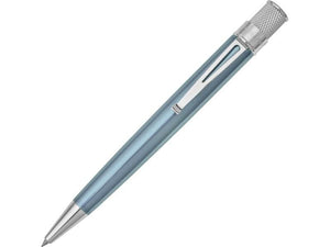 Ice blue stainless steel barrel with vibrant lacquers, knurl twist-top, packaged in pen stand